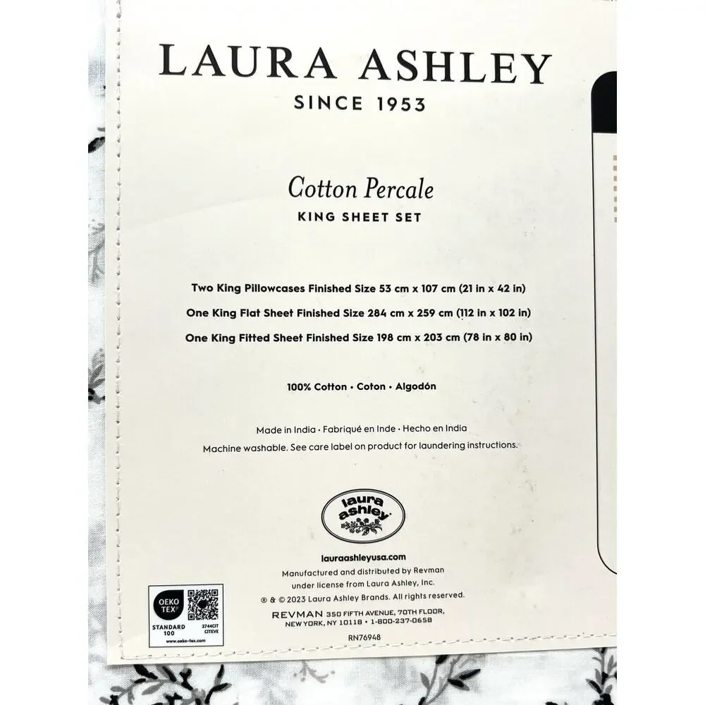 Laura Ashley Percale Cotton KING Sheet Set BLACK White SARAHS SPRIG 4 Pcs. NWT